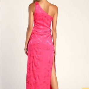 NWT Chasing Desire Hot Pink Satin Jacquard One-Shoulder Maxi Dress